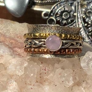 ROSE QUARTZ TRI COLOR 925 STERLING SILVER MEDITATION RING, SIZE 6